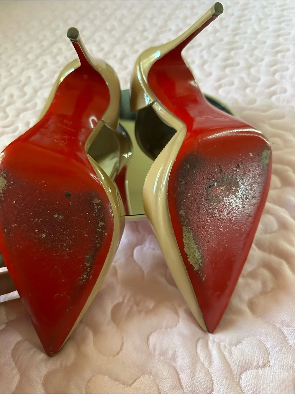Christian Louboutin Nude Patent Pointed-Toe Pumps with Red Sole